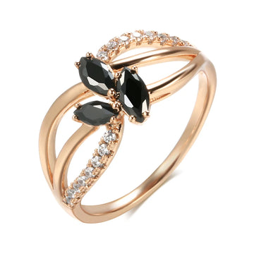 Trendy Flower Design Rolled Rose Gold of 14-Karat Purity Black AAA Zircon Crystals Ring - Fine Jewellery
